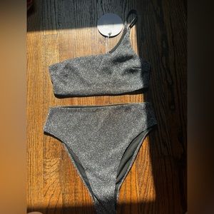 High waist, 1 shoulder black shimmer bikini